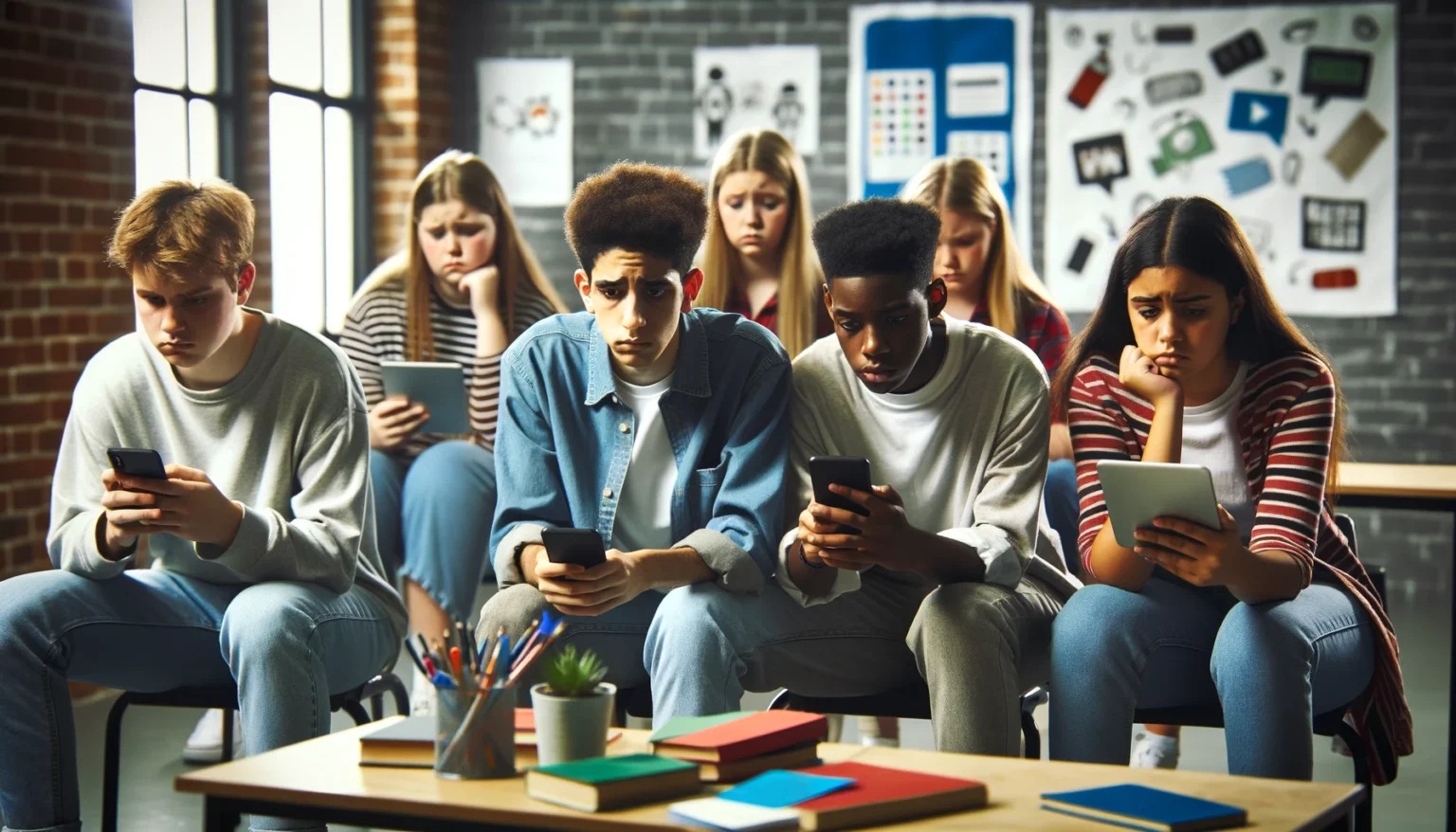 A group of teenagers sitting together in a room, each on their own phone